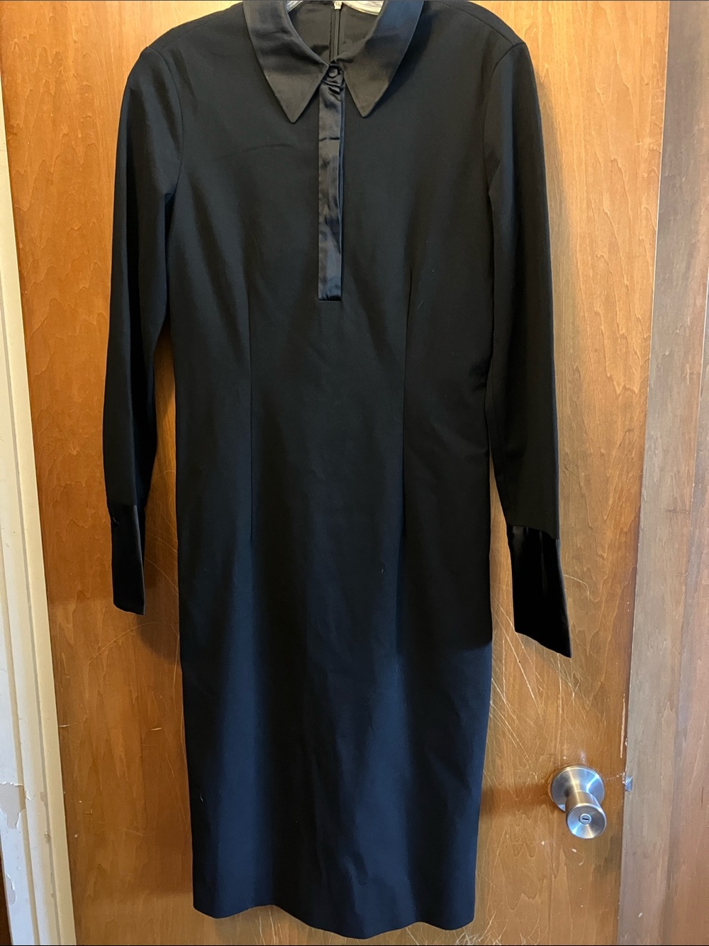 STRENESSE Black Long-Sleeve Satin Collared Shift Dress with Satin Cuffs size 4